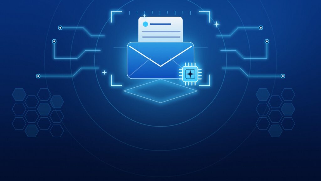 Illustrazione: una busta email con un documento e un microchip di intelligenza artificiale.