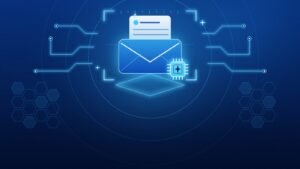 Illustrazione: una busta email con un documento e un microchip di intelligenza artificiale.