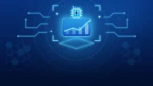 Illustrazione: un microchip sopra un grafico di crescita, per i benefici dell’AI nel business.