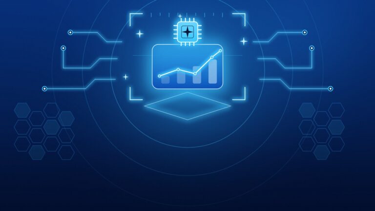 Illustrazione: un microchip sopra un grafico di crescita, per i benefici dell’AI nel business.