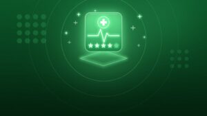 Illustrazione: una scheda medica con croce, battito cardiaco e cinque stelle di valutazione.