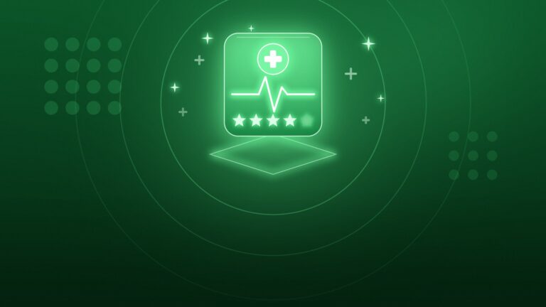 Illustrazione: una scheda medica con croce, battito cardiaco e cinque stelle di valutazione.
