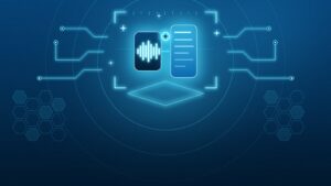 Illustrazione: un’onda sonora che diventa un documento di testo, con un chip di intelligenza artificiale.